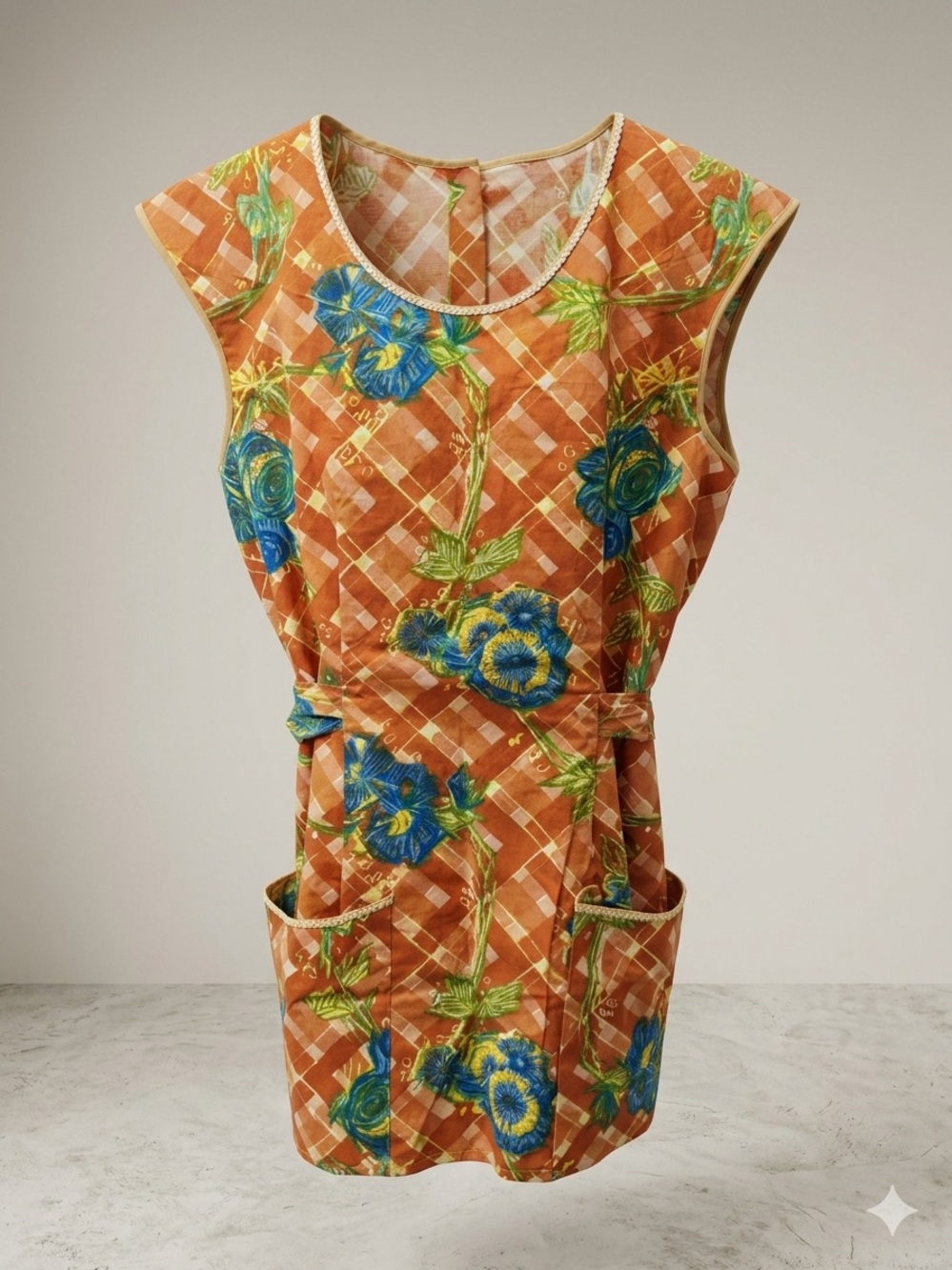 Vintage Floral Plaid Apron Dress Smock Tabard. Home made